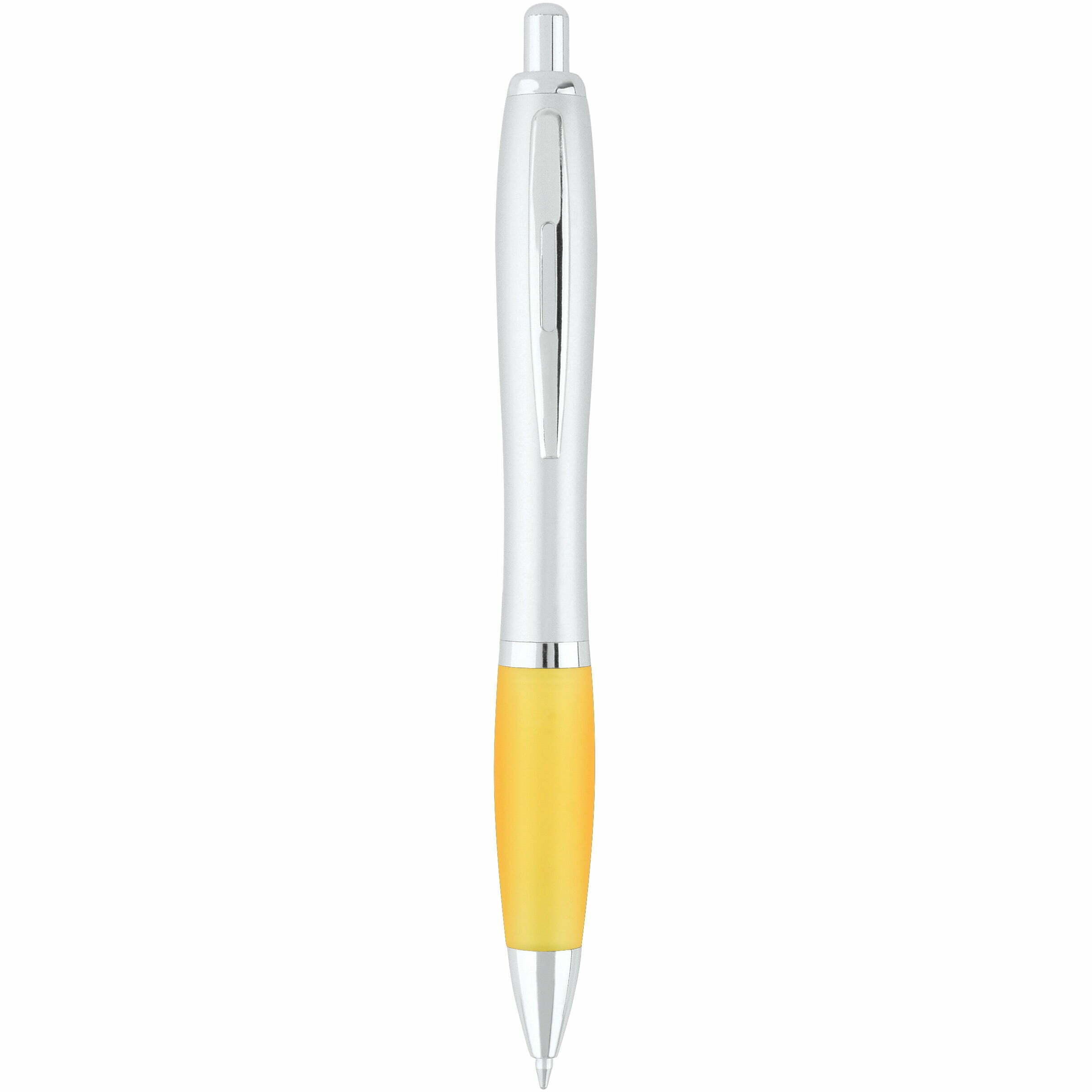 Promo Curvaceous Silver Matte Ballpoint 禮品筆 - 59 廣告筆 有 17 種令人興奮的項目顏色可供選擇您的設計絲網印刷通過按鈕打開和關閉1 個地點 1 種顏色的免費裝飾MPN#PB1571在鋼筆商品尺寸:5.5 英寸高 x 0.5 英寸直徑。圓圈材質:握把:橡膠最大印刷Logo尺寸 0.38" H x 1.25" W 絲網印刷當您在公司禮贈品、宣導品及禮品客製化 。 客製 - 59 廣告筆 銀色/水仙黃色曲線銀色啞光圓珠筆