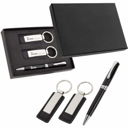 黑色/銀色行政筆和人造革鑰匙標籤盒套裝