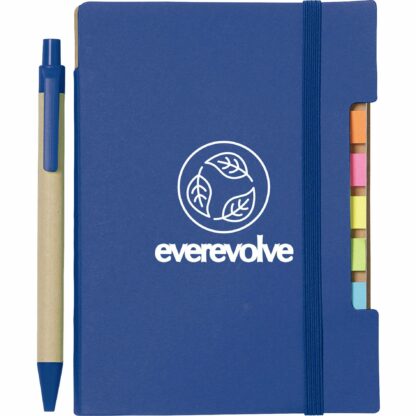 帶筆的藍色回收粘滯筆記本