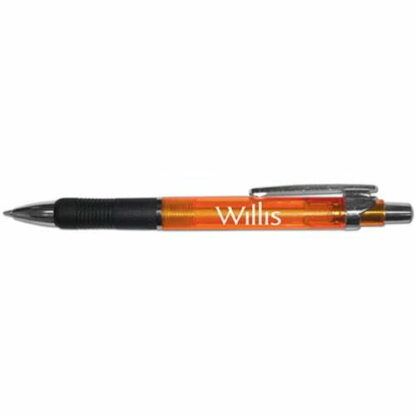 橙色/黑色可伸縮跟踪器中性筆，帶黑色輪廓橡膠手柄